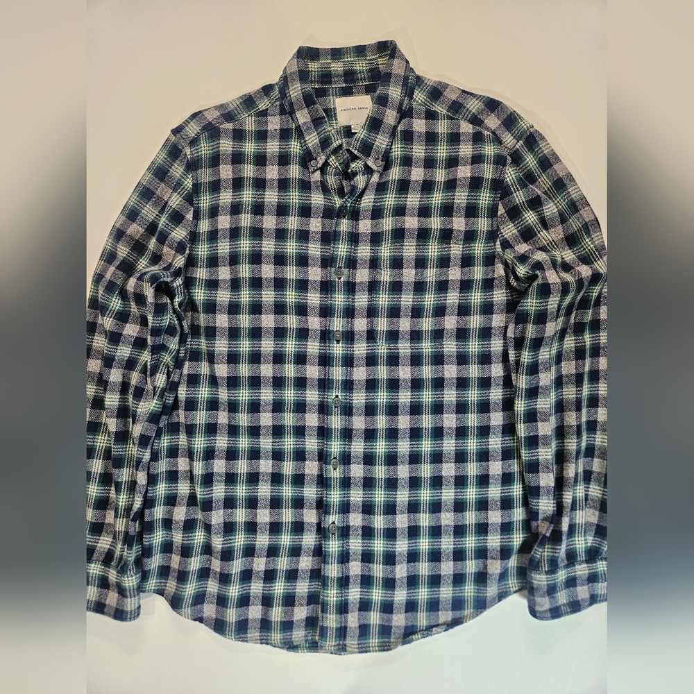 American Eagle Mens Flannel Shirt Large Blue Green Plaid 90s Grunge‎ Gorpcore
